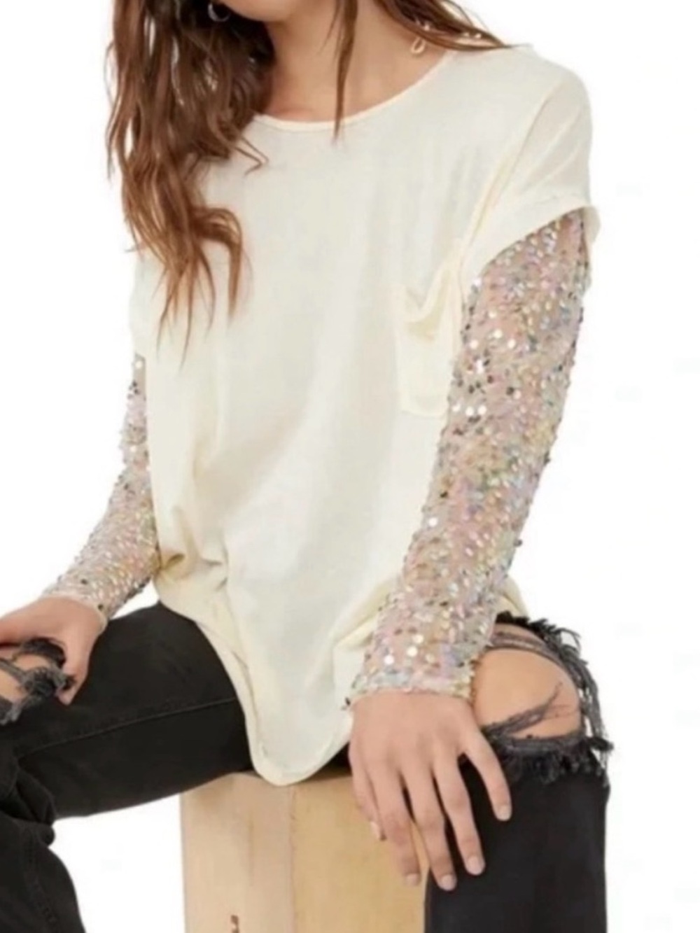 Free People Celine Sequin Sleeve Scoop Neck Top